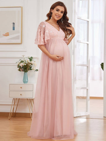 Flutter Sleeve Floor-Length Embroidery Maternity Dress