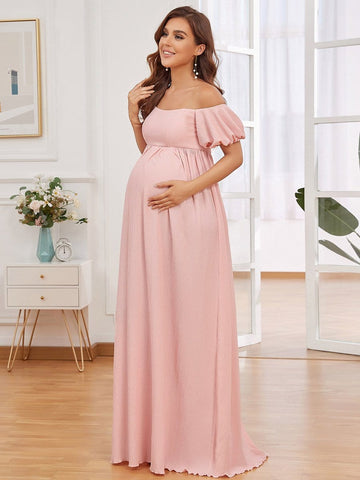Off-Shoulder Puff Sleeve Maternity Dress