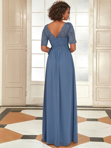 Elegant Lace Bodice Chiffon Evening Dress with Belt
