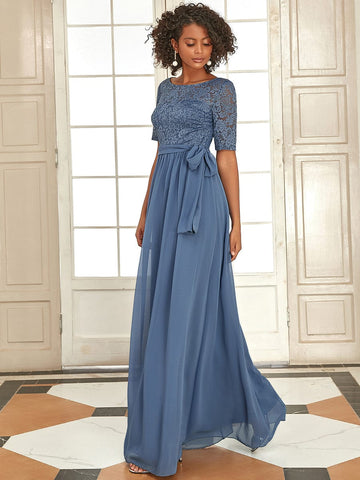 Elegant Lace Bodice Chiffon Evening Dress with Belt