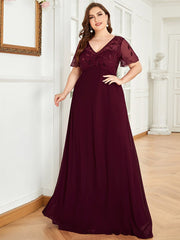 Plus Size V Neck Long Empire Formal Dresses with Sleeves
