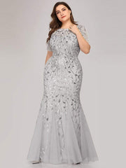 Floral Sequin Maxi Fishtail Tulle Prom Dress with Half Sleeve