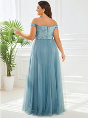 A-line Sequin Off the Shoulder Maxi Tulle Evening Dress