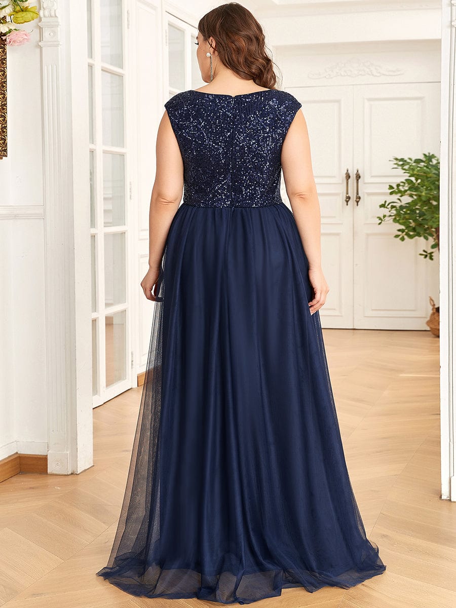 Plus Size Sequin Illusion Plunging V-Neckline Sleeveless A-Line Tulle Evening Dress