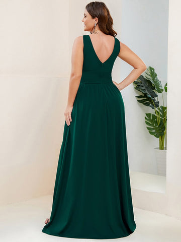 Plus Size Sleeveless V-Neck Empire Waist High Slit Floor-Length Evening Dress