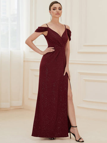 V-Neck Cold Shoulder Floor-Length Evening Dress
