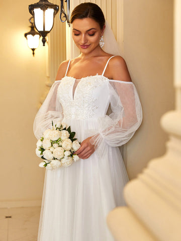 Boho Chic Cold Shoulder Lantern Sleeve Wedding Dress