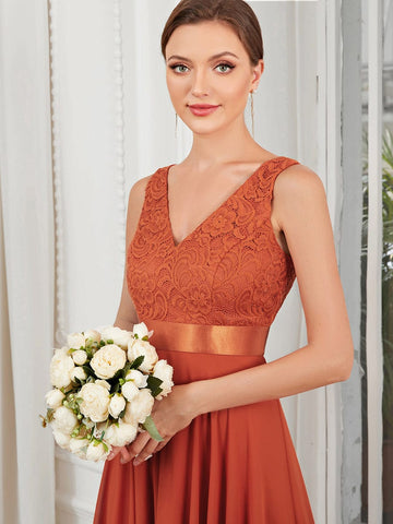 Deep V-Neck Lace Chiffon Bridesmaid Dress with Asymmetrical Hem
