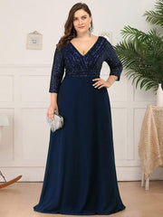 Plus Size V Neck A-Line Sequin Formal Evening Dress with Sleeve ...