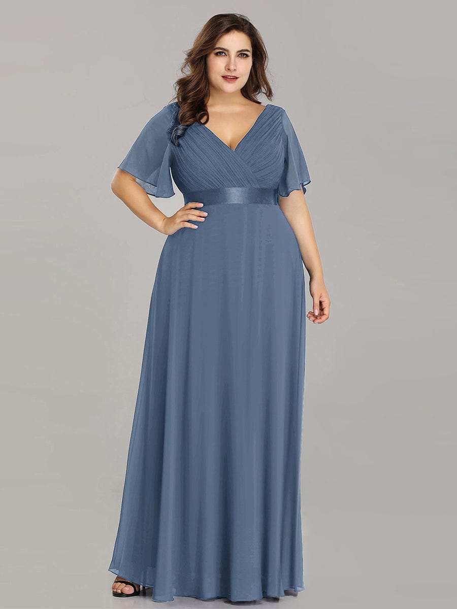 Plus Size Empire Waist V Back Bridesmaid Dress with Short Sleeves ...