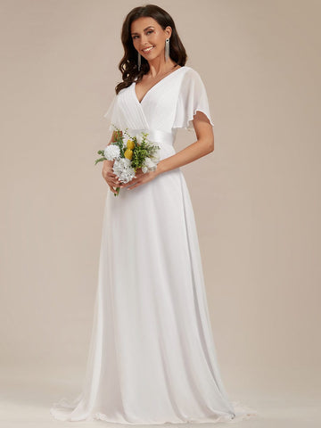 Long Chiffon Empire Waist Bridesmaid Dress with Short Flutter Sleeves