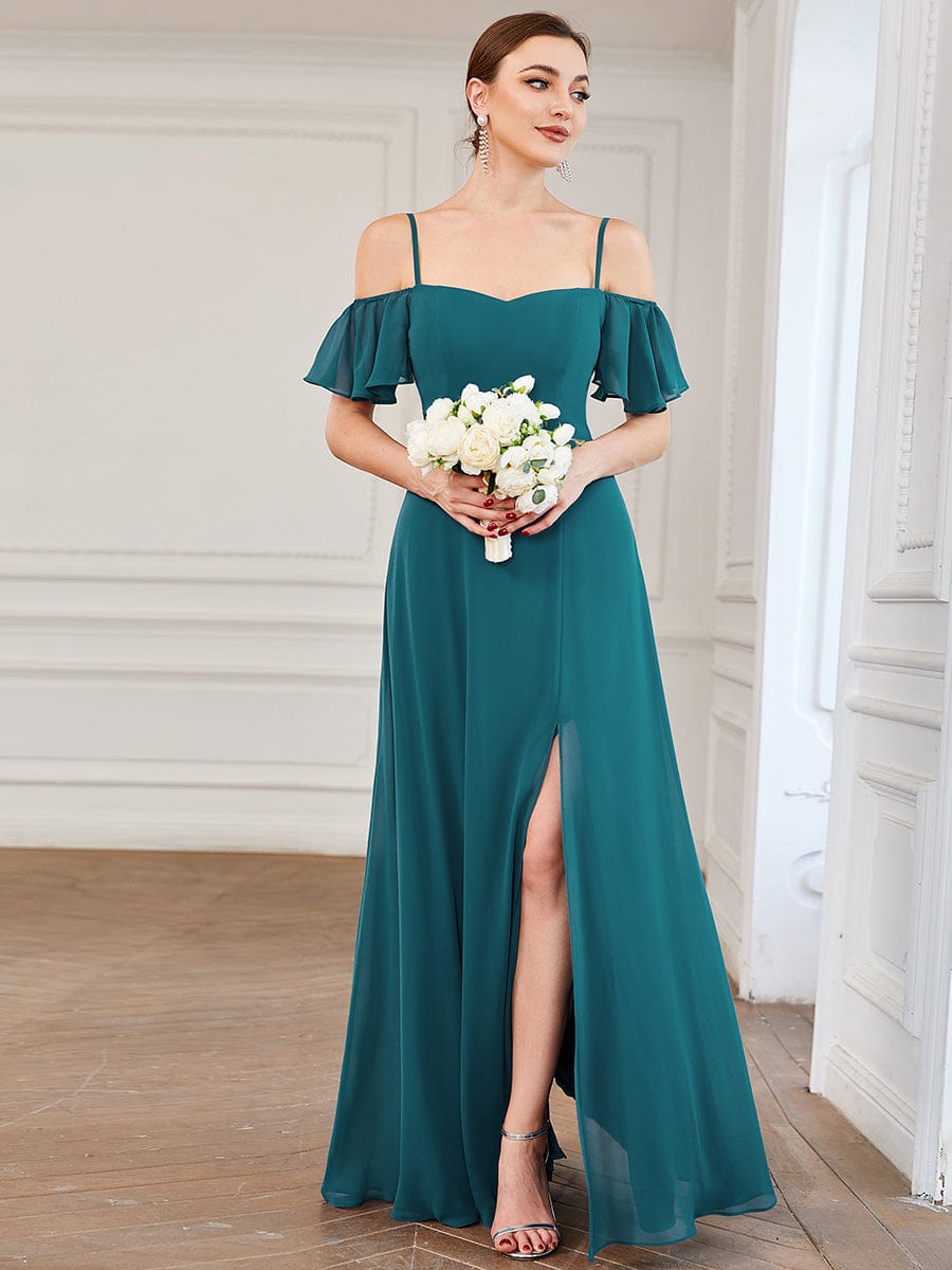 Flowy Cold Shoulder Flare Sleeves Bridesmaid Dress with Side Split