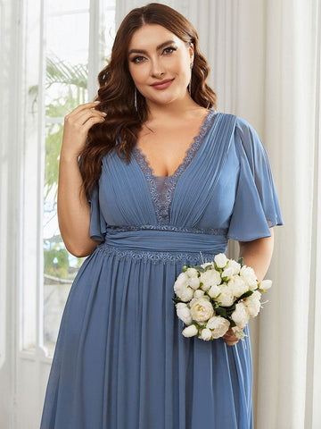 Plus Size Short Sleeve Lace A-Line Chiffon Bridesmaid Dress