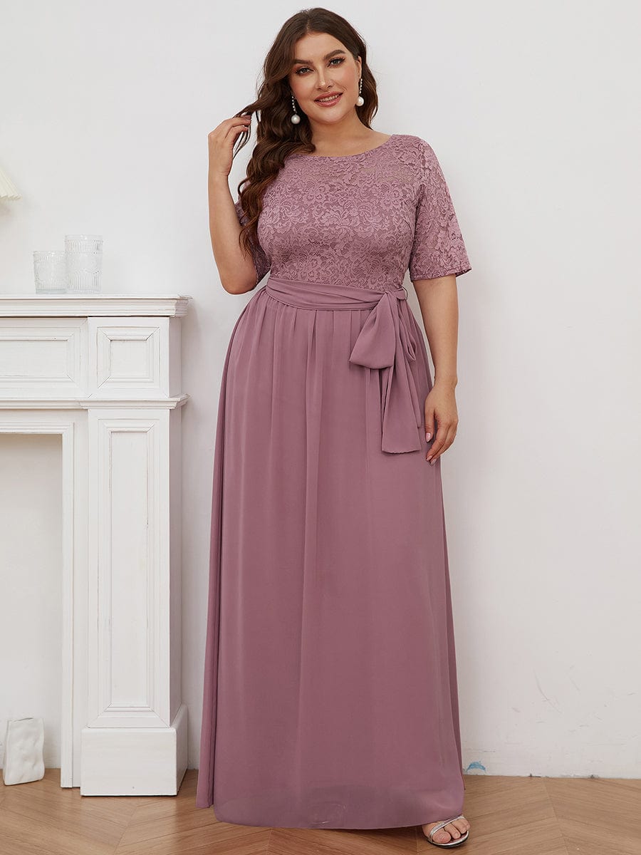 Floral Lace Plus Size Long Formal Dresses With Waistband