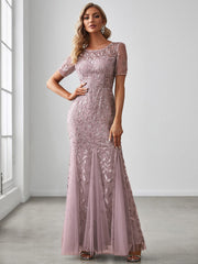 Floral Sequin Print Maxi Long Fishtail Formal Dresses With Half Sleeve