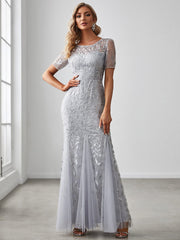 Floral Sequin Maxi Fishtail Tulle Prom Dress with Half Sleeve